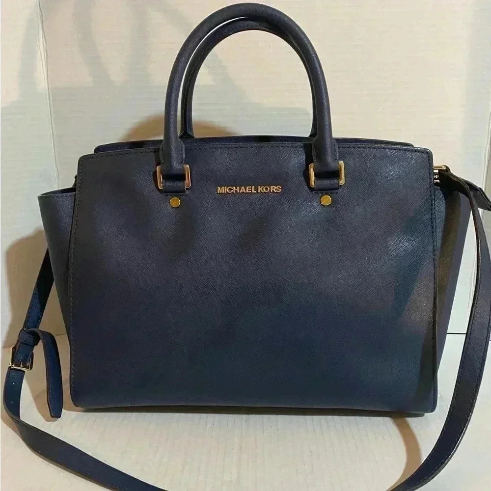 Michael kors navy blue saffiano leather satchel handbag